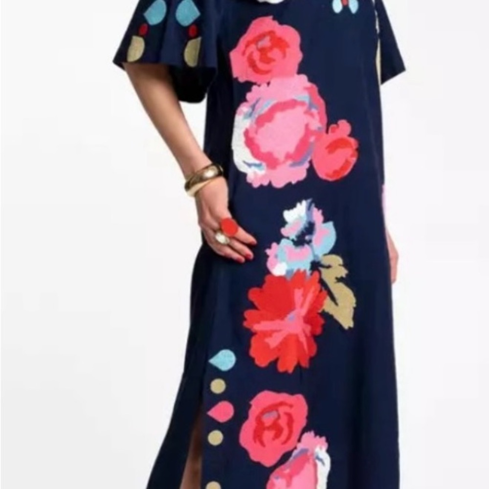 Frances Valentine Large Delight Navy Dress with Colorful Embroidery Kaftan L